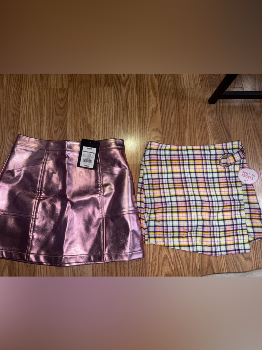 Metallic Pink Mini Skirt + Yellow Pink Plaid Mini Skirt Bundle